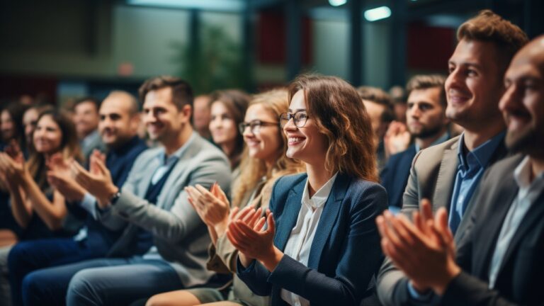 crowd clapping in the audience at a conference